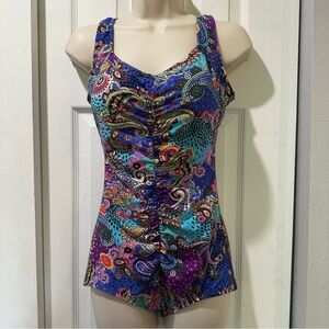 Maxine Of Hollywood Womens 10 One Piece Swimsuit Purple Paisley Ruched Padded